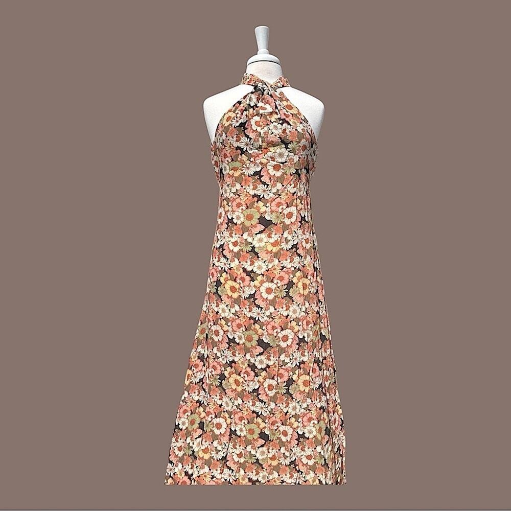 Retro 70s Dress Mango on Black Halter Boho Maxi Hipster Summer Vacation MNG Sz 0